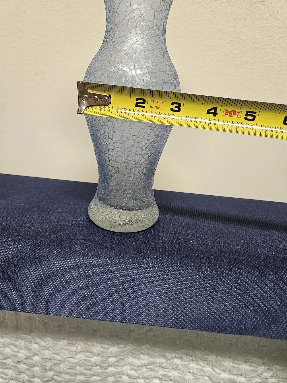 Pale Blue Crackle Glass Vase Flared Neck Curvy Silhouette 9 Inch Tall Decorative